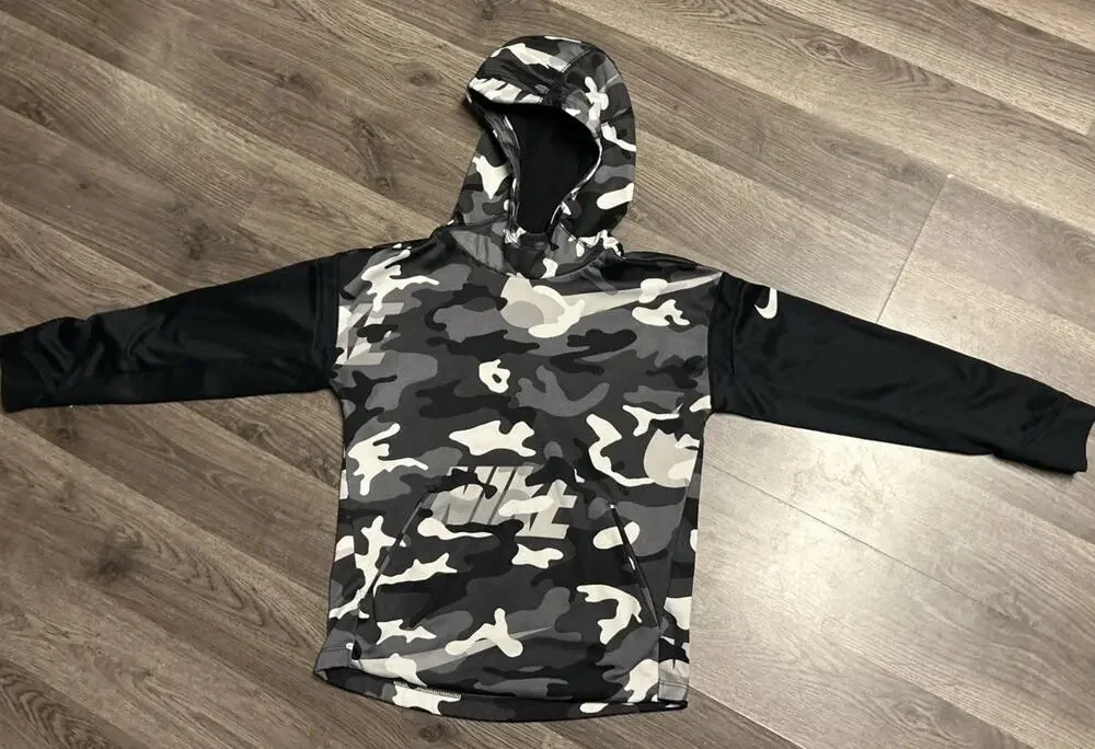 Boys Small Nike Dri Fit Black White Grey Camouflage Print Hoody